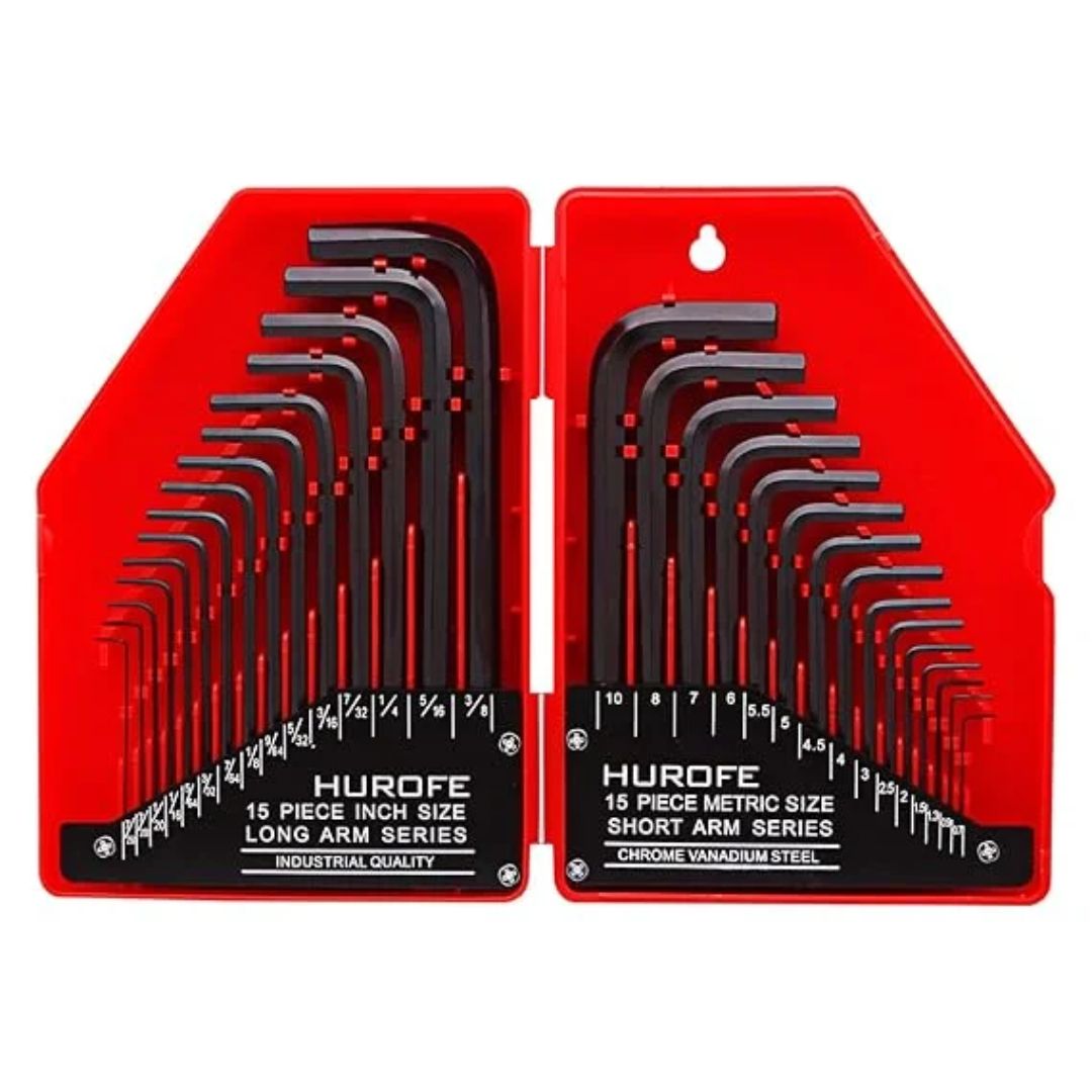 HUROFE Hex Key Allen Wrench Set, 30-Piece (7/250-3/8 inch, 0.7-10 mm), Long Arm and Short Arm, L Shape and Chamfered Tip，Chrome Vanadium Steel