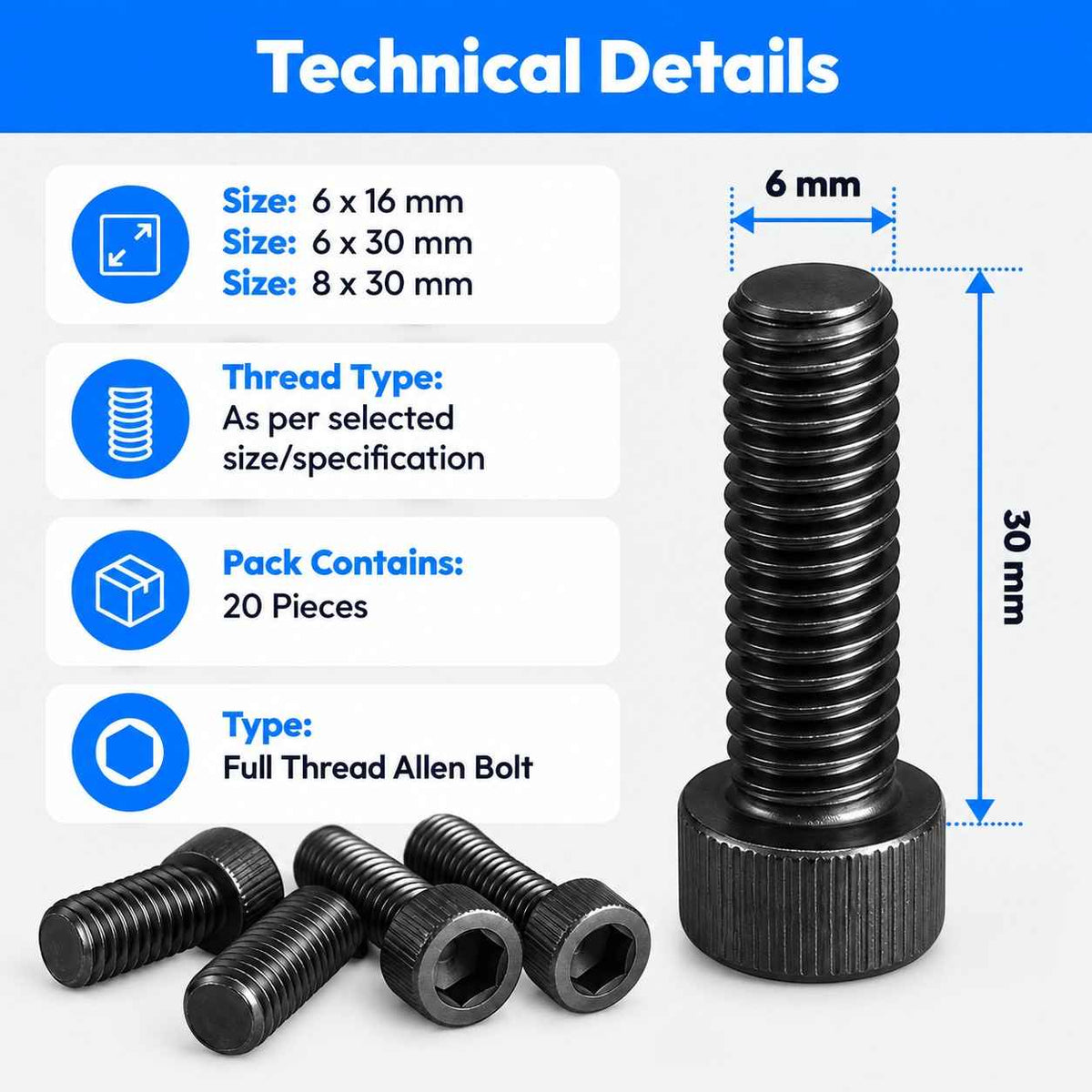 Allen Bolt Full Thread-Pack of 20