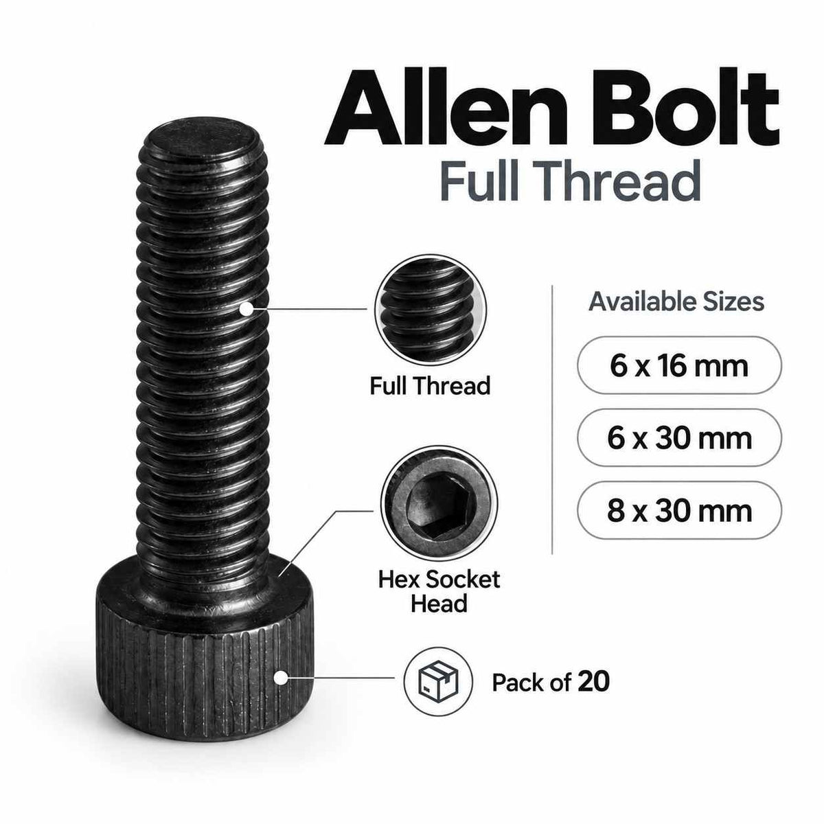 Allen Bolt Full Thread-Pack of 20
