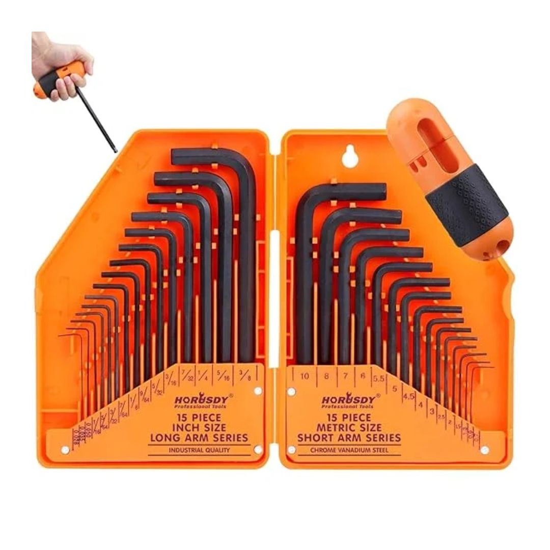 HORUSDY Allenkey Hex Set, 15 PCS Inch Size long arm Series, 15 PCS Metric Size Short arm Series 0.028-3/8 inch 0.7-10 mm In Storage Case