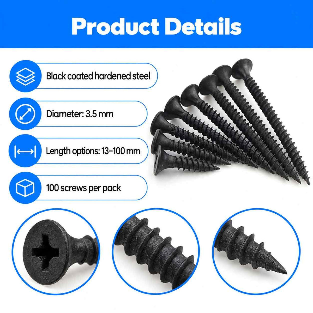 Black Drywall Gypsum Screws - Pack of 100pcs