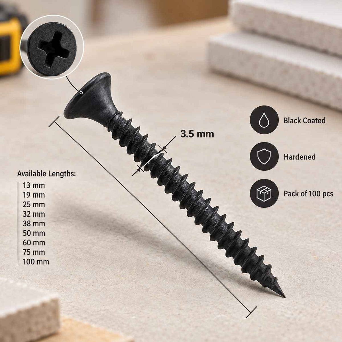 Black Drywall Gypsum Screws - Pack of 100pcs
