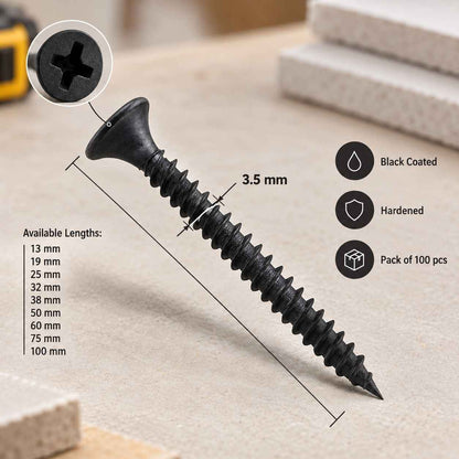 Black Drywall Gypsum Screws - Pack of 100pcs
