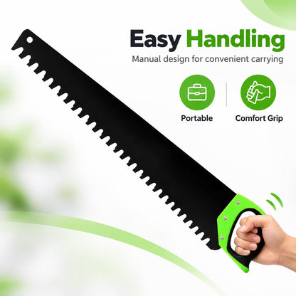 A black hand saw with a bright green handle, shown diagonally on a plain white background.