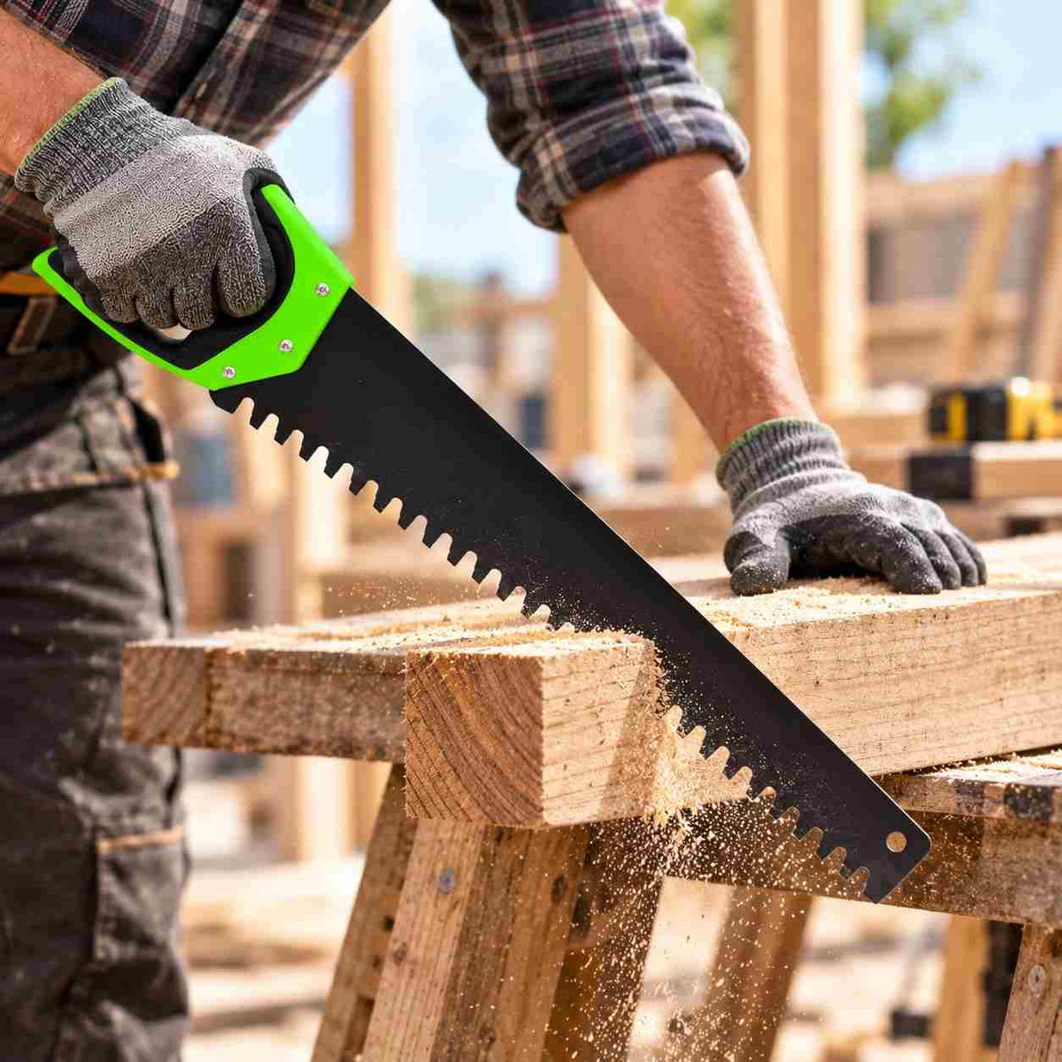 A black hand saw with a bright green handle, shown diagonally on a plain white background.