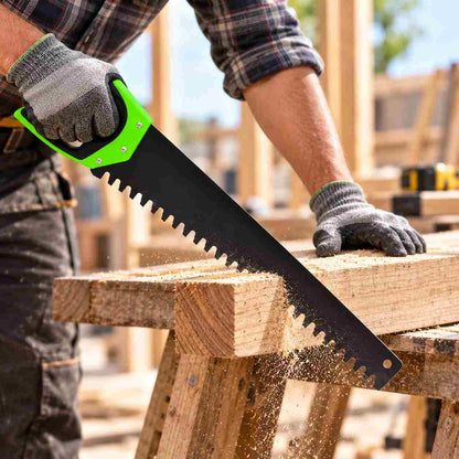 A black hand saw with a bright green handle, shown diagonally on a plain white background.