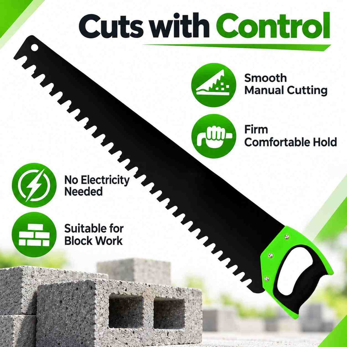 A black hand saw with a bright green handle, shown diagonally on a plain white background.