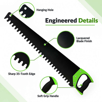 A black hand saw with a bright green handle, shown diagonally on a plain white background.
