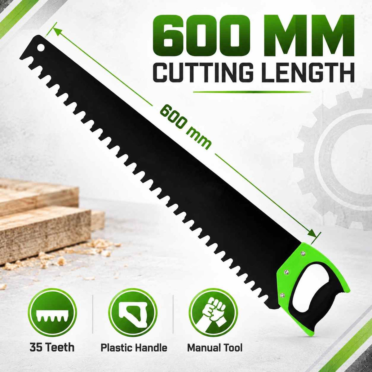 A black hand saw with a bright green handle, shown diagonally on a plain white background.