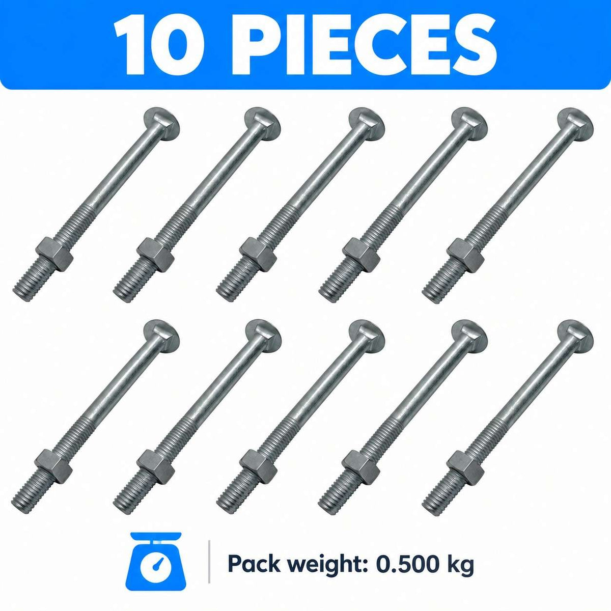 Carriage Bolts with Nuts 3/8x6inch - 10Pcs