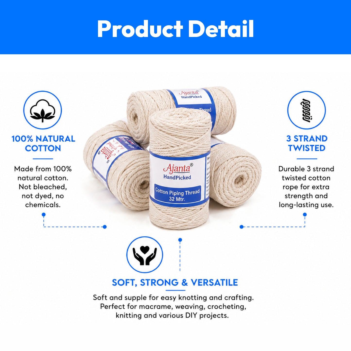 HandPicked Cotton Piping Thread-32Mtr.- Pack of 4Pcs(Dori)