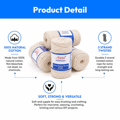 HandPicked Cotton Piping Thread-32Mtr.- Pack of 4Pcs(Dori)