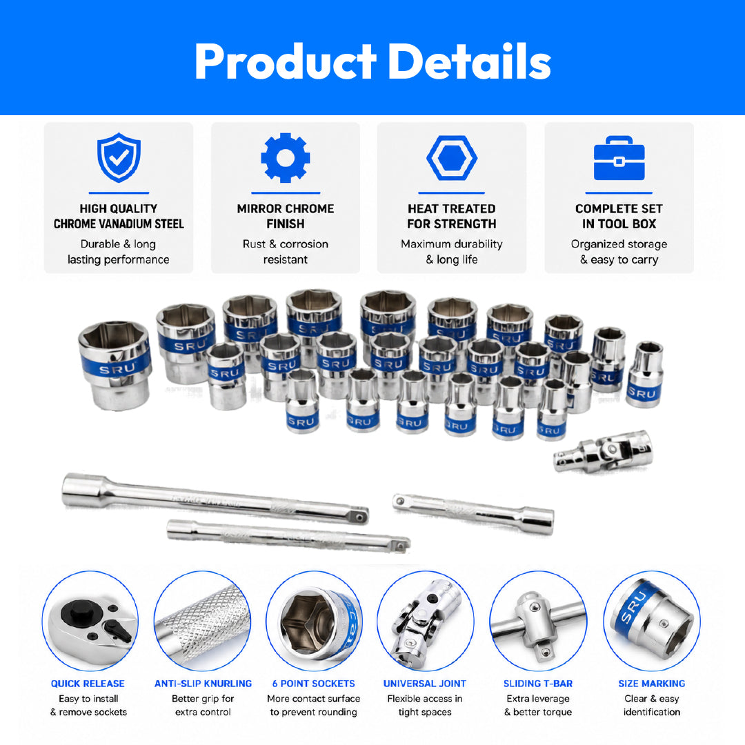 1/2"DR Socket Set Chrome Tool Box-(24pcs)