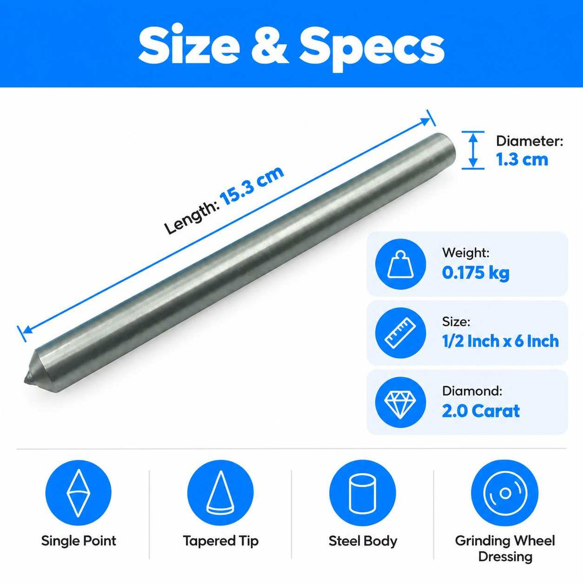Implemental Diamond Dresser Single Point Grinding Wheel Tapered Point Tool 1/2 Inch x 6 Inch (2.0 CARAT) - 1