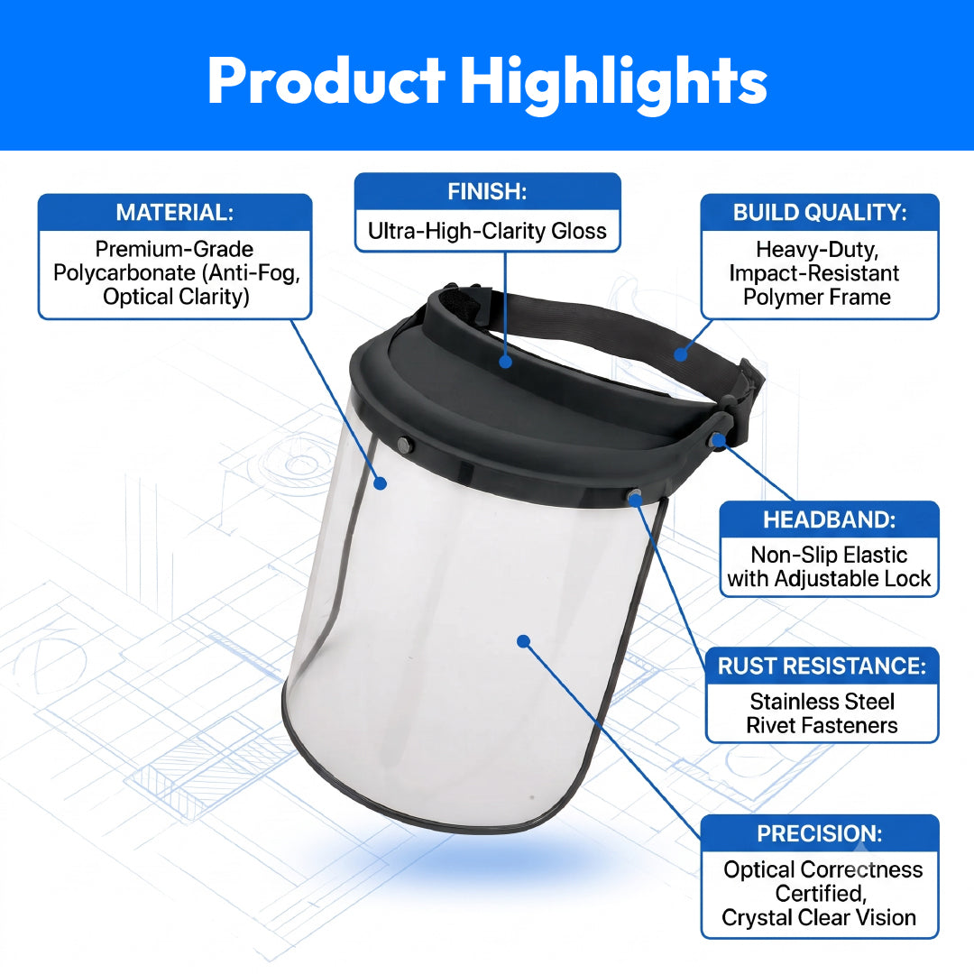 Product highlights infographic for a clear face shield with black trim and strap, featuring labeled callouts for material, finish, build quality, headband, rust resistance, and precision on a light blue background.
