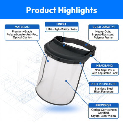 Product highlights infographic for a clear face shield with black trim and strap, featuring labeled callouts for material, finish, build quality, headband, rust resistance, and precision on a light blue background.