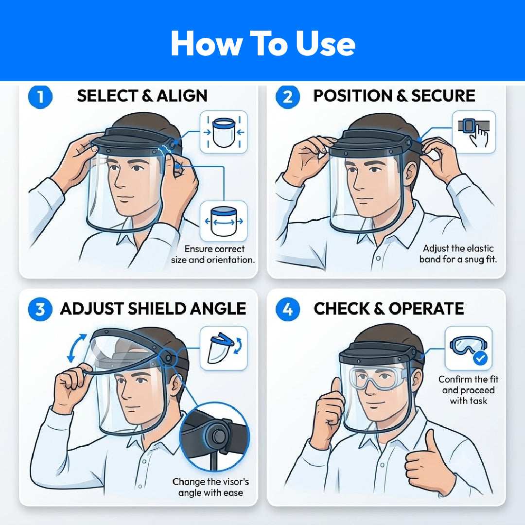 A blue and white 'How To Use' instructional graphic showing four numbered steps for wearing a face shield: select and align, position and secure, adjust shield angle, and check and operate.