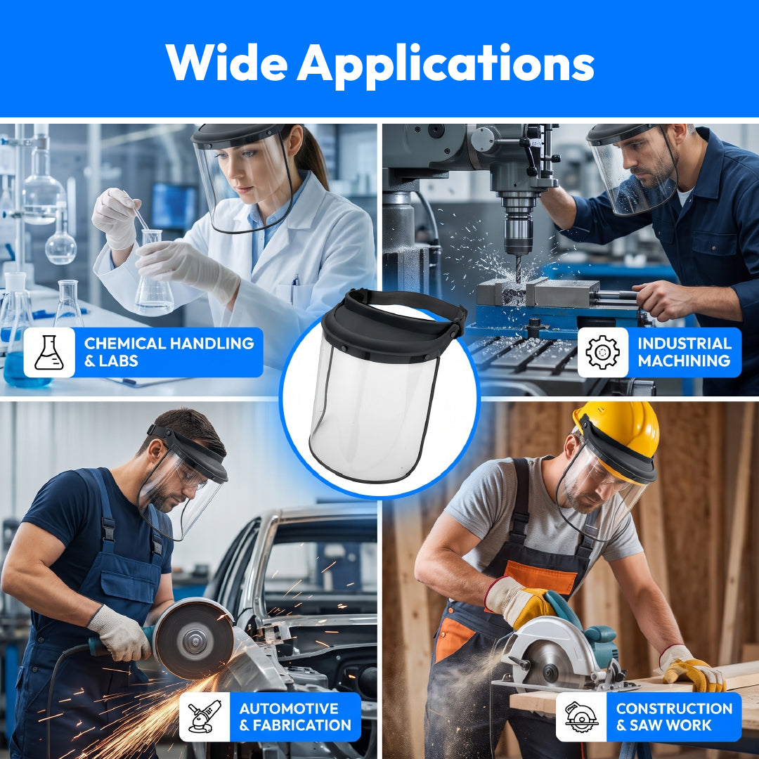 A promotional graphic for a clear face shield with a black strap, showing the product in the center and four application panels around it. The panels depict a woman in a lab, a man in industrial machining, a worker in automotive fabrication, and a construction worker using a circular saw.