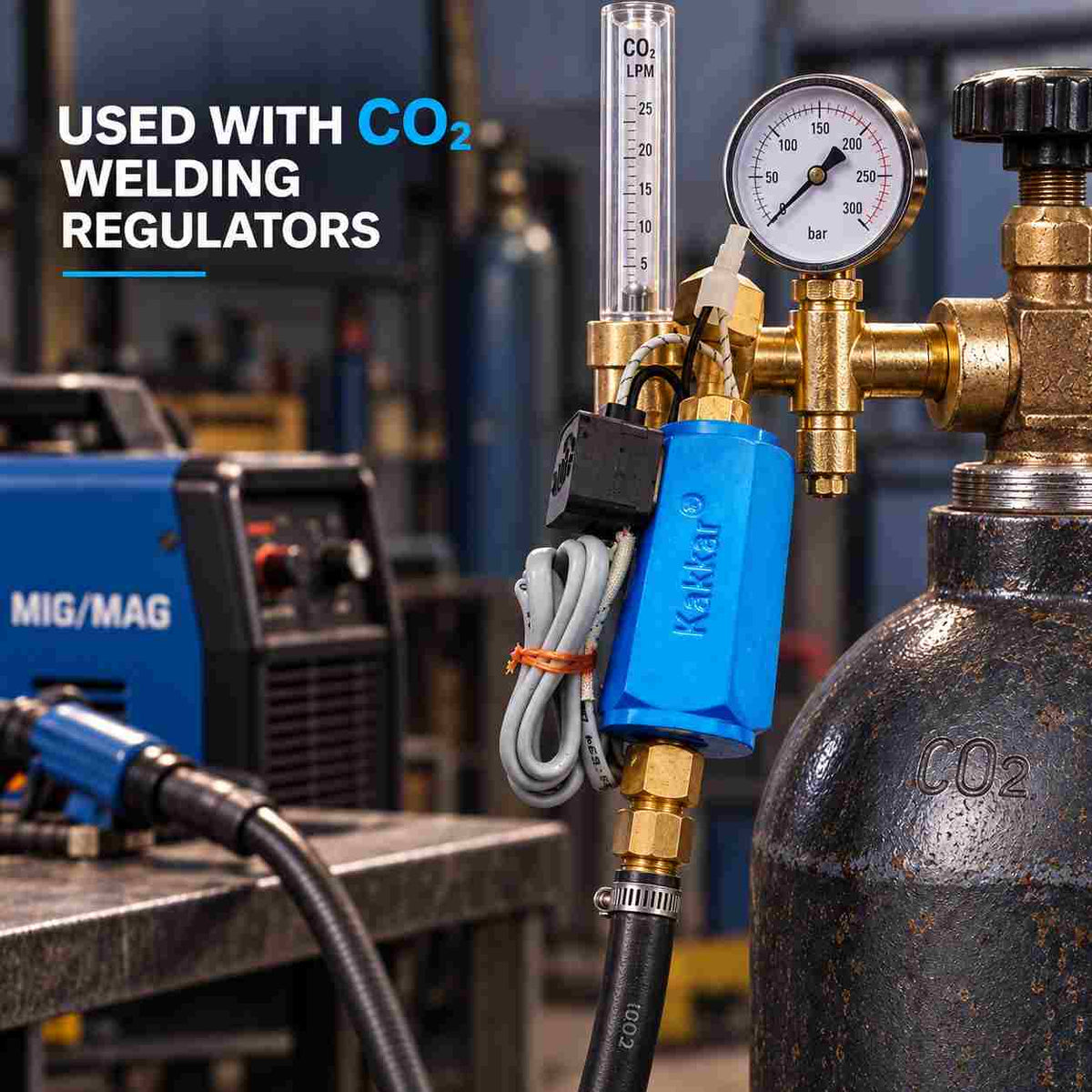 A blue and brass gas burner regulator with a gray power cord and a black switch, shown on a white background.