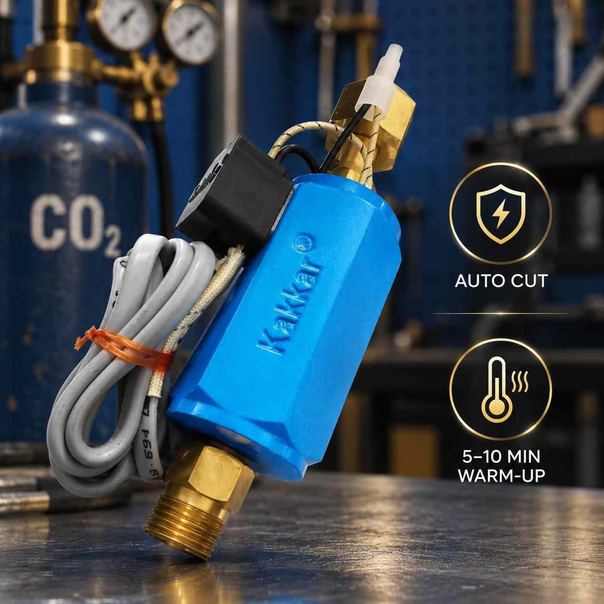 A blue and brass gas burner regulator with a gray power cord and a black switch, shown on a white background.