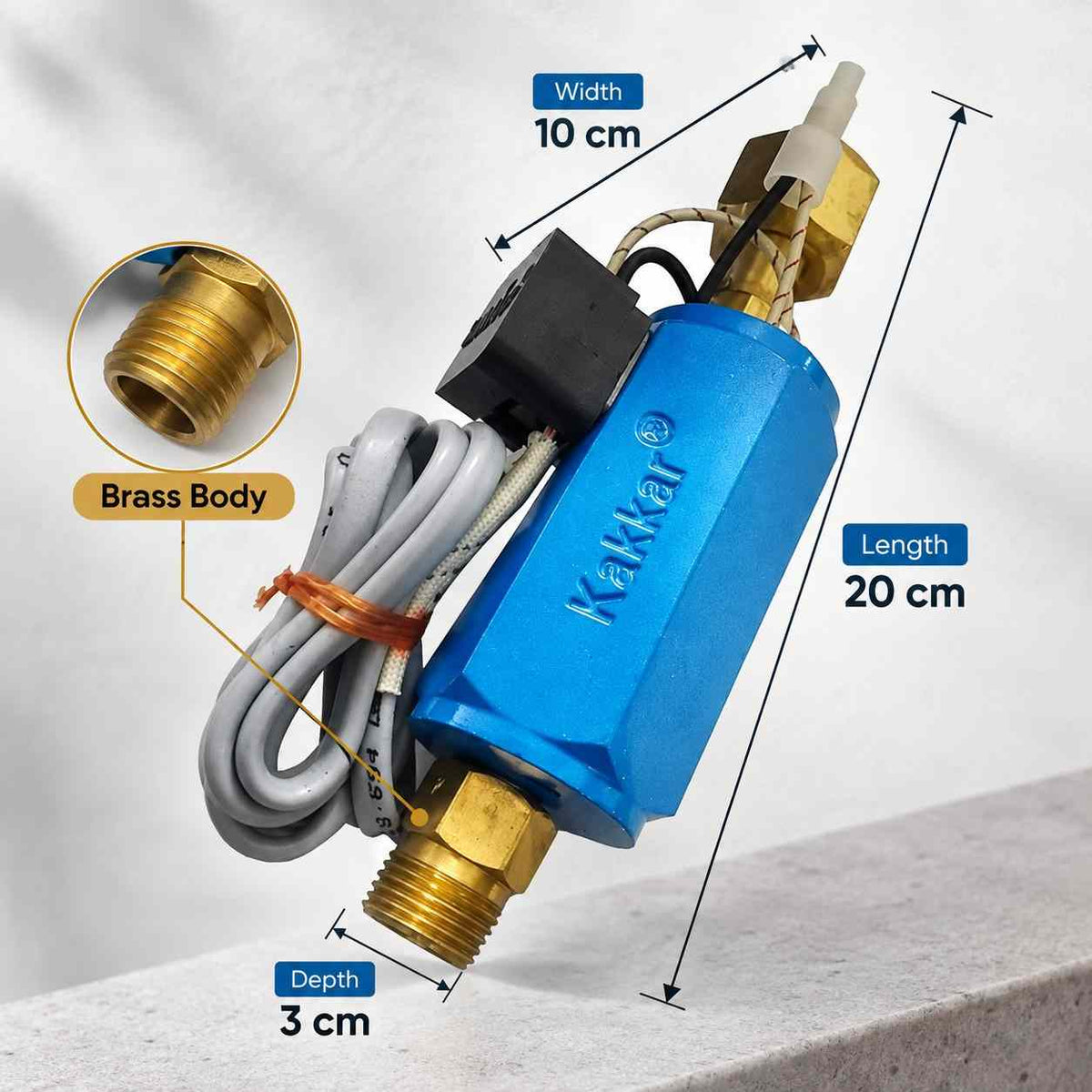 A blue and brass gas burner regulator with a gray power cord and a black switch, shown on a white background.