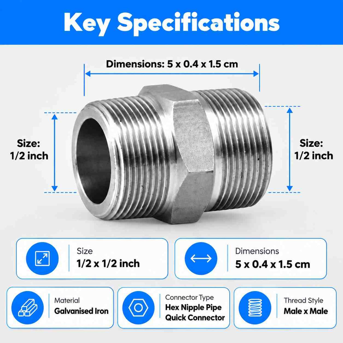 GI Screwed Hex Nipple Pipe Quick Connector-1/2 X 1/2Inch