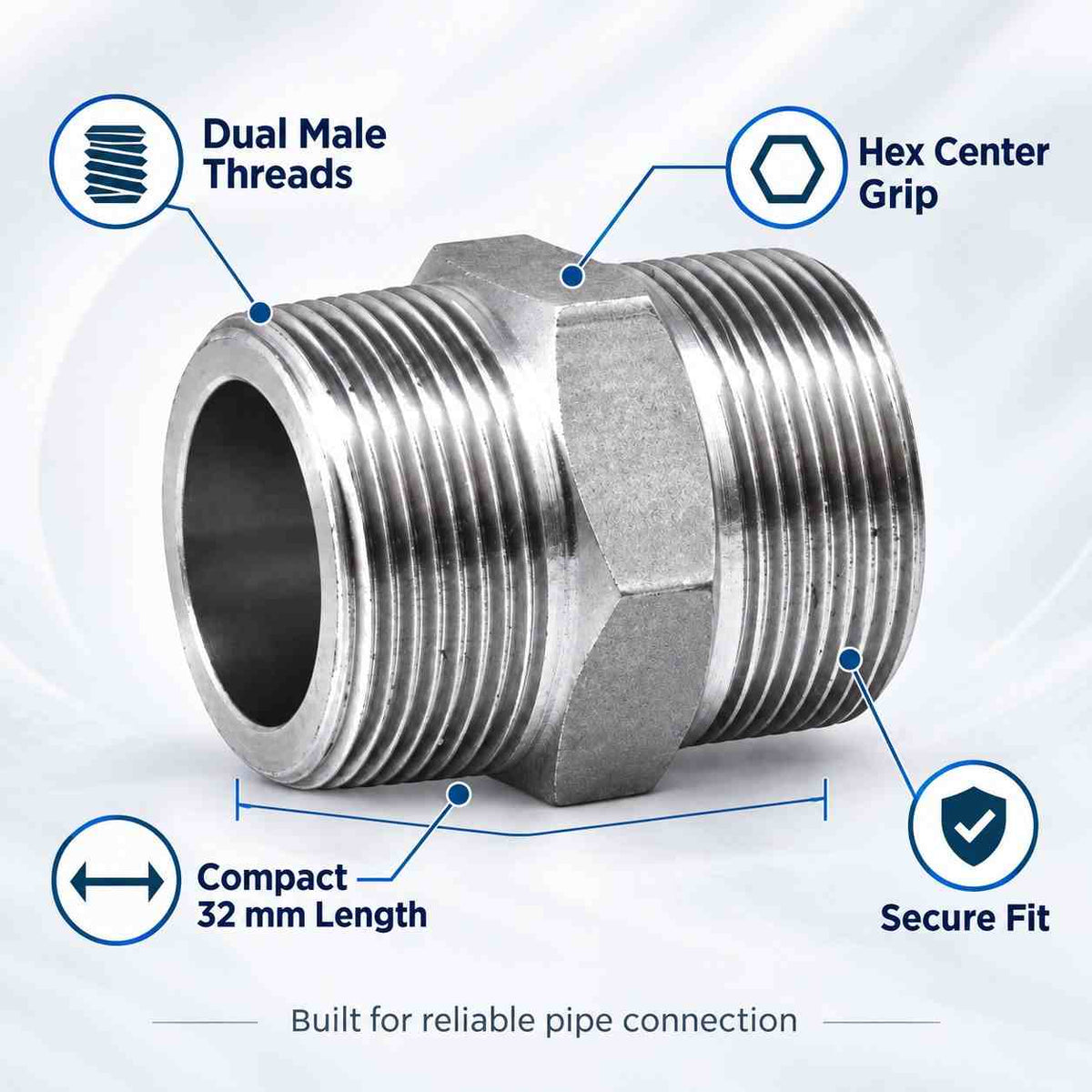 Implemental GI Screwed Hex Nipple Pipe Quick Connector-1/2 X 1/2Inch - 1