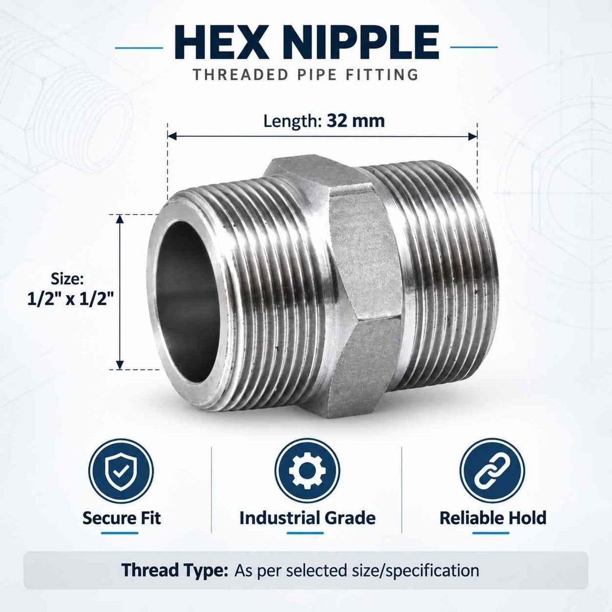 Implemental GI Screwed Hex Nipple Pipe Quick Connector-1/2 X 1/2Inch - 1