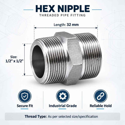 Implemental GI Screwed Hex Nipple Pipe Quick Connector-1/2 X 1/2Inch - 1