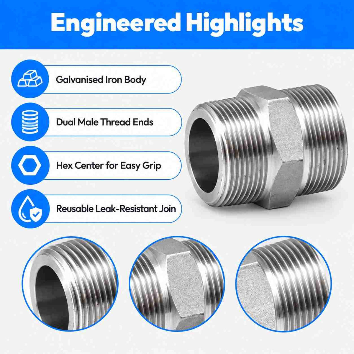 GI Screwed Hex Nipple Pipe Quick Connector-1/2 X 1/2Inch