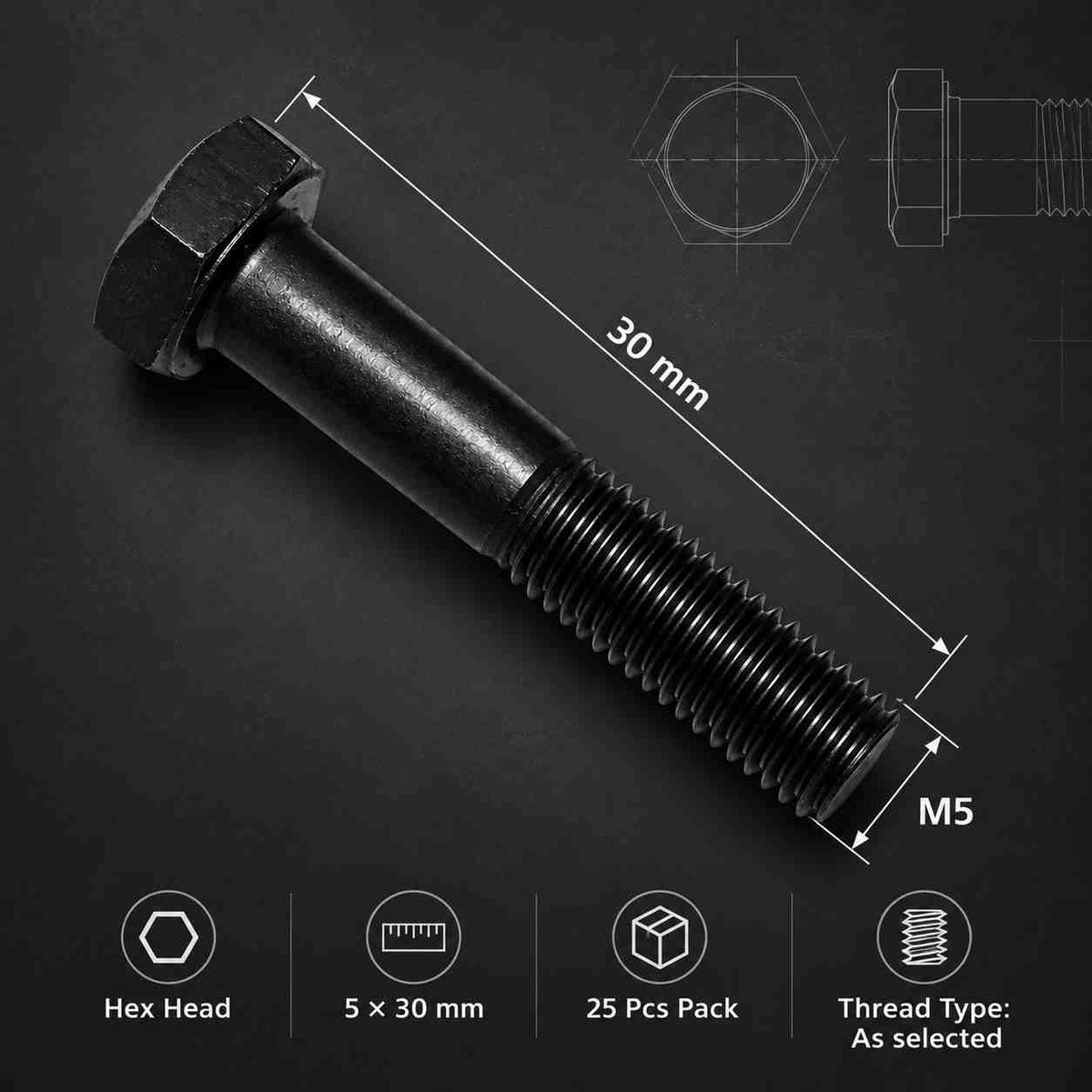 H.T Hex Bolt-5x30MM-25Pcs