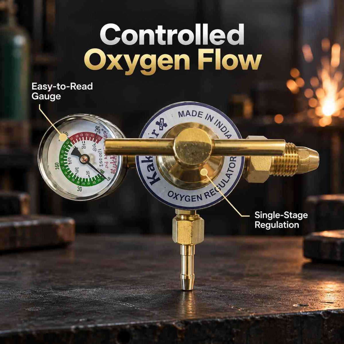 A brass oxygen regulator with a round analog pressure gauge, adjustment knob, and threaded connector, shown on a plain white background. The gauge has a white face with red, green, and black markings, and the main body is brass with a blue and white circular label reading 'K&H OXYGEN REGULATOR' and 'MADE IN INDIA'.