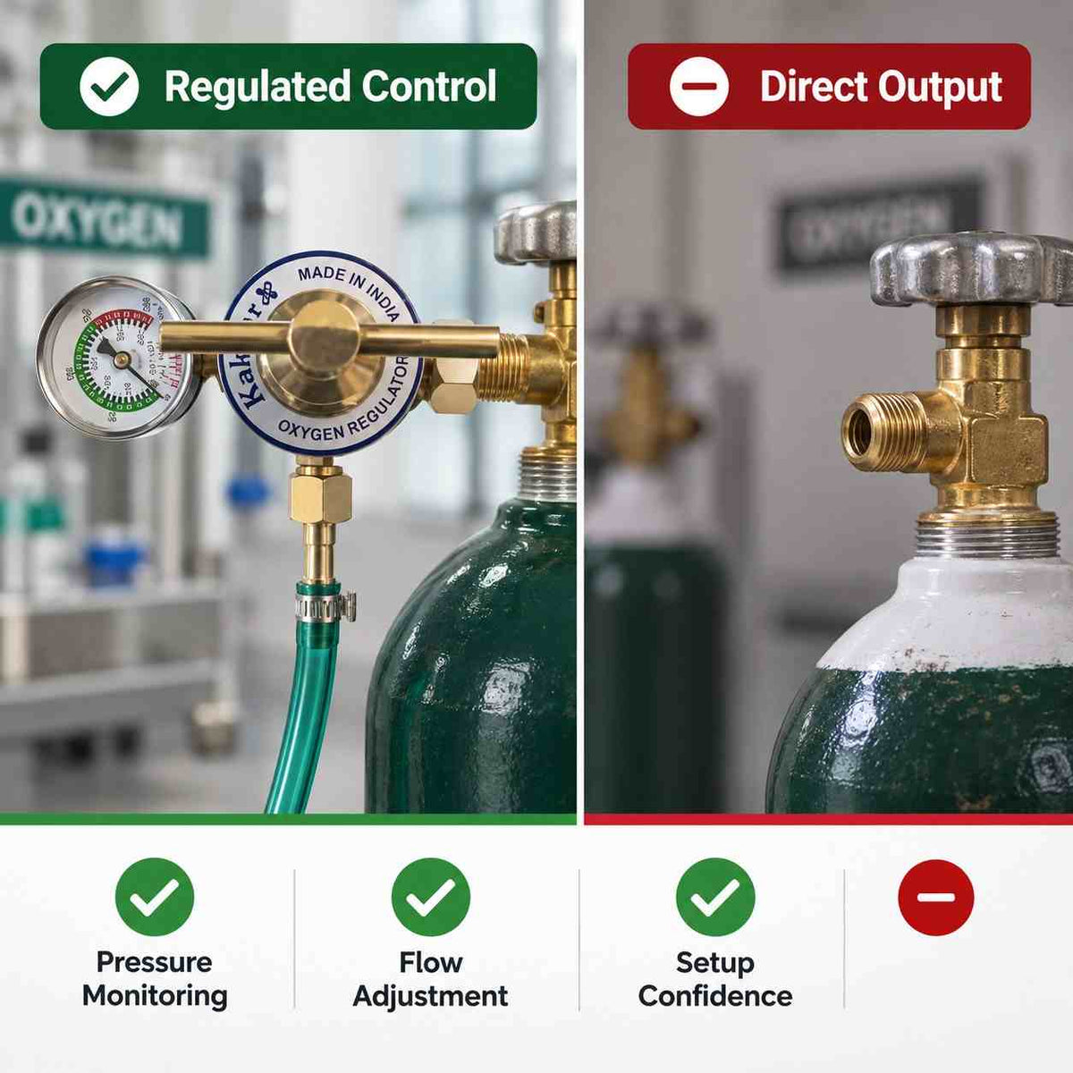 A brass oxygen regulator with a round analog pressure gauge, adjustment knob, and threaded connector, shown on a plain white background. The gauge has a white face with red, green, and black markings, and the main body is brass with a blue and white circular label reading 'K&H OXYGEN REGULATOR' and 'MADE IN INDIA'.