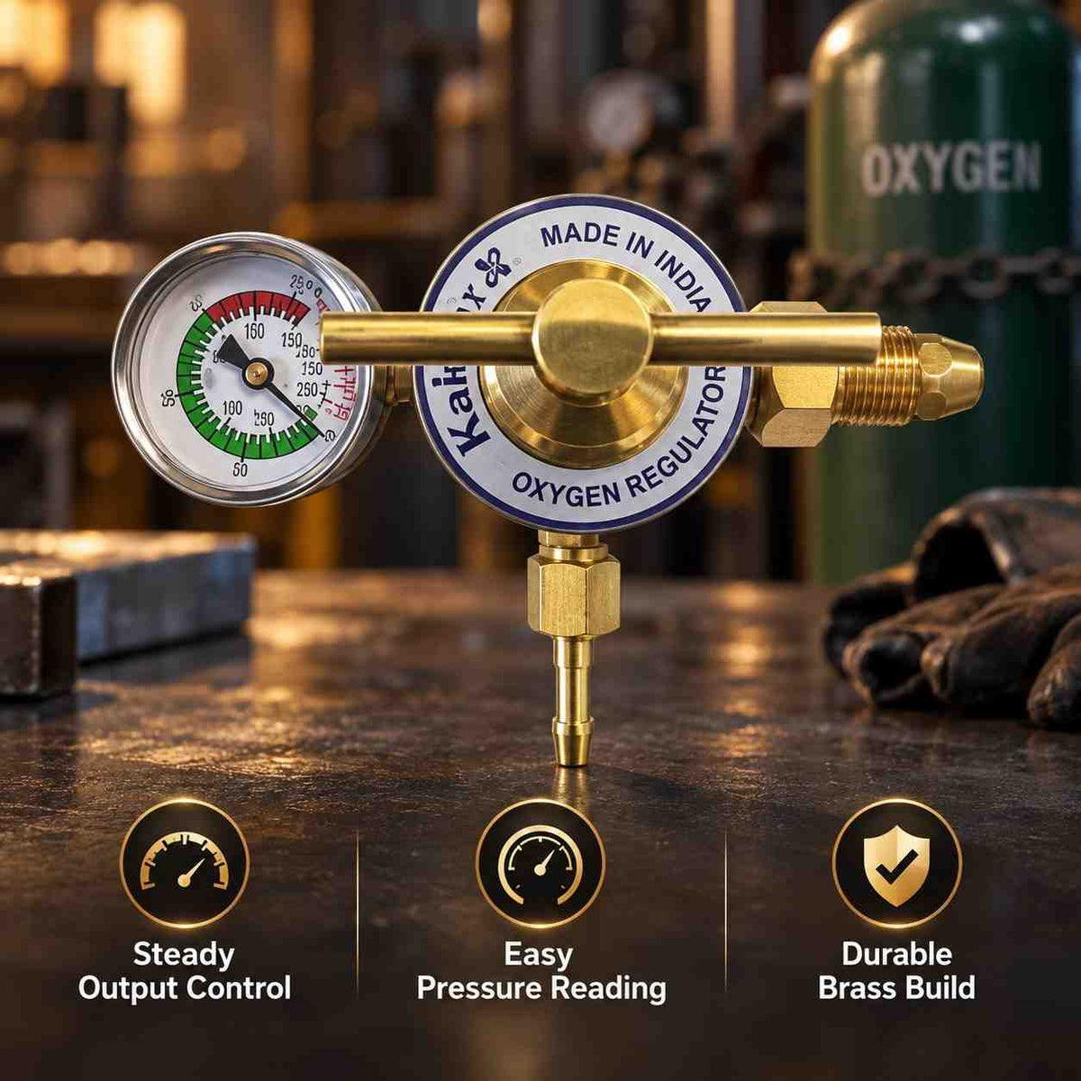 A brass oxygen regulator with a round analog pressure gauge, adjustment knob, and threaded connector, shown on a plain white background. The gauge has a white face with red, green, and black markings, and the main body is brass with a blue and white circular label reading 'K&H OXYGEN REGULATOR' and 'MADE IN INDIA'.