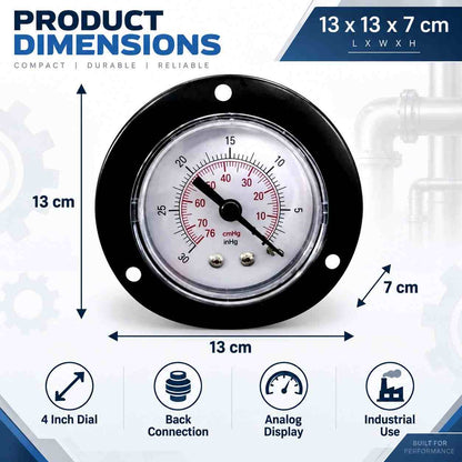 Implemental M.S Pressure Gauge Back Connection-150 PSI-4Inch - 1