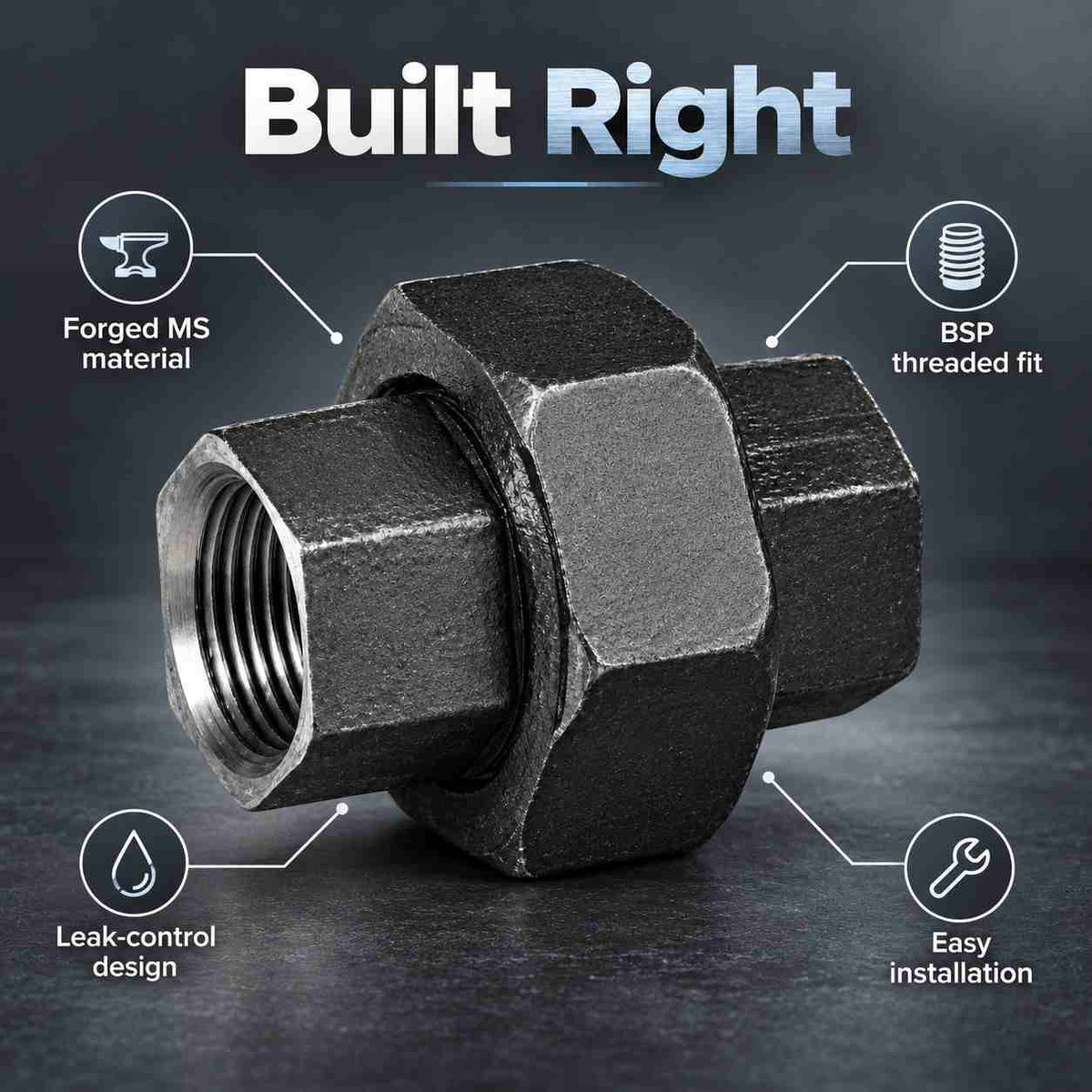 Implemental MS Union Pipe Fitting Threaded BSP Forged - 1