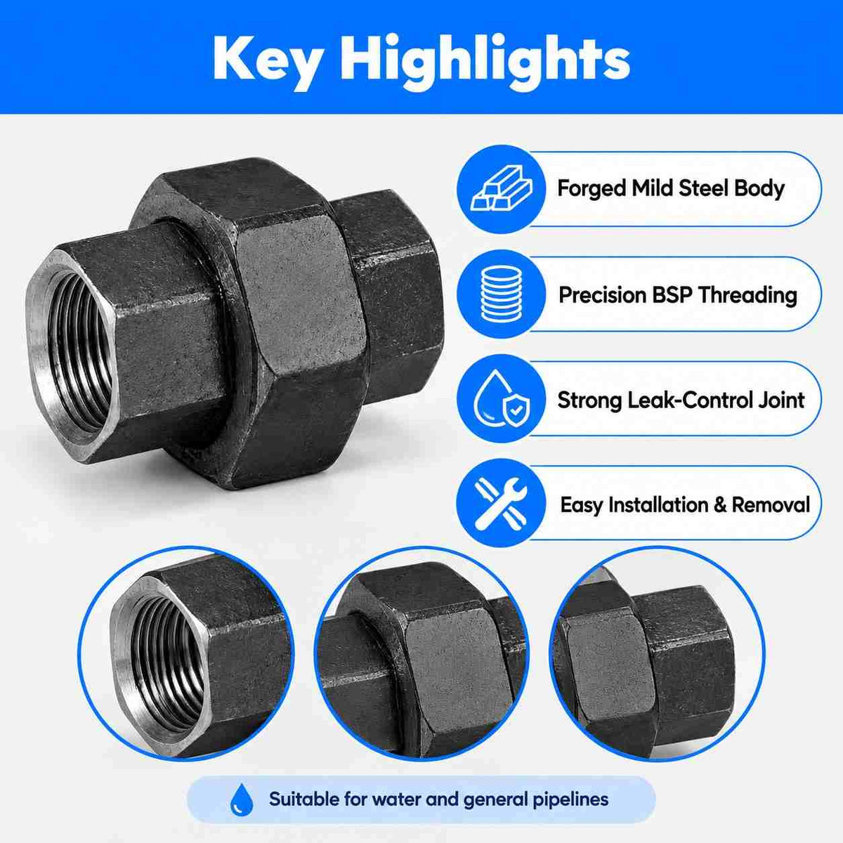 MS Union Pipe Fitting Threaded BSP Forged