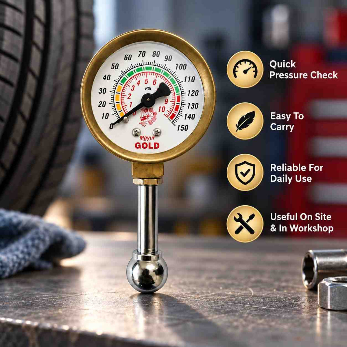 Mayur Air Pressure Gauge Small and Portable 150-PSI