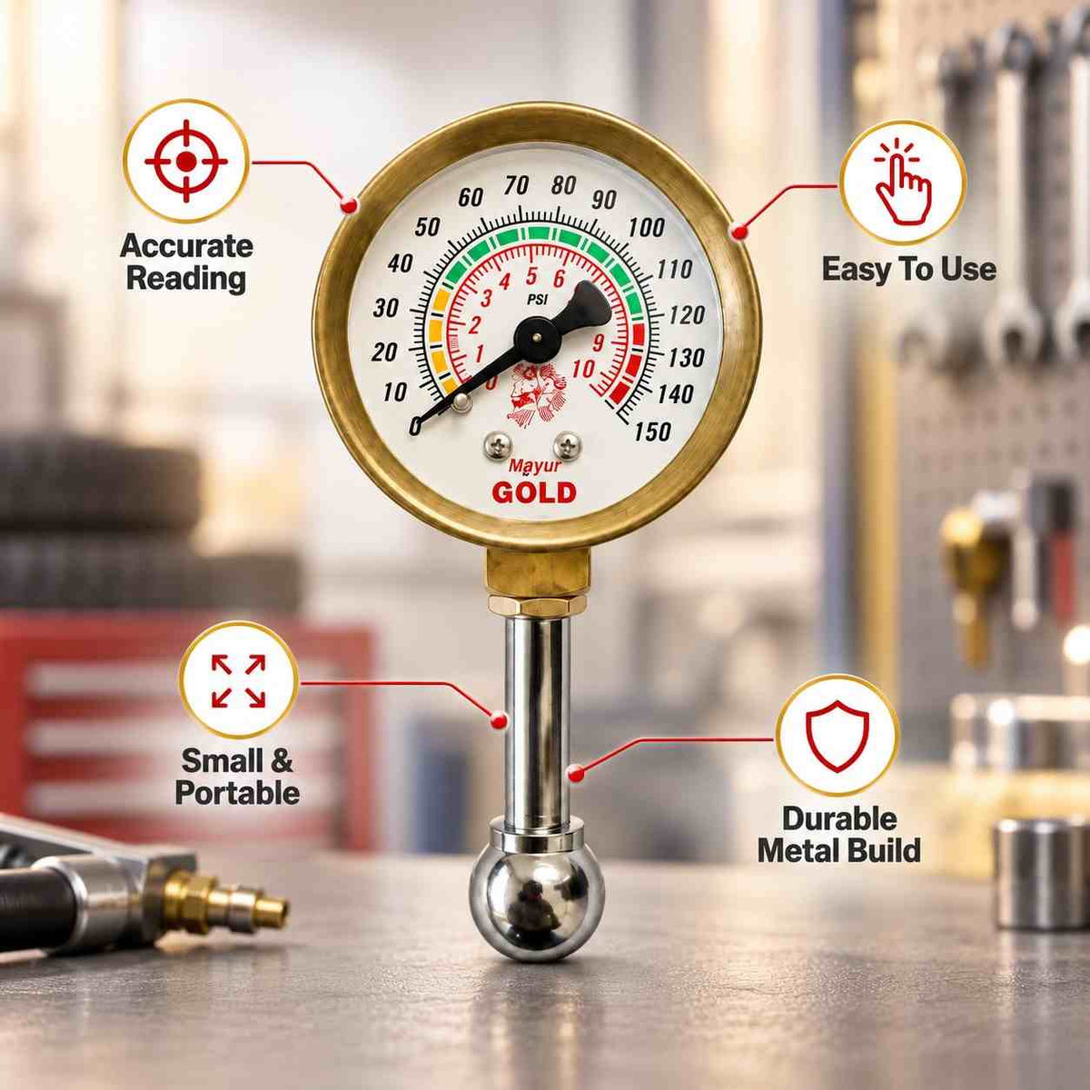 Mayur Air Pressure Gauge Small and Portable 150-PSI