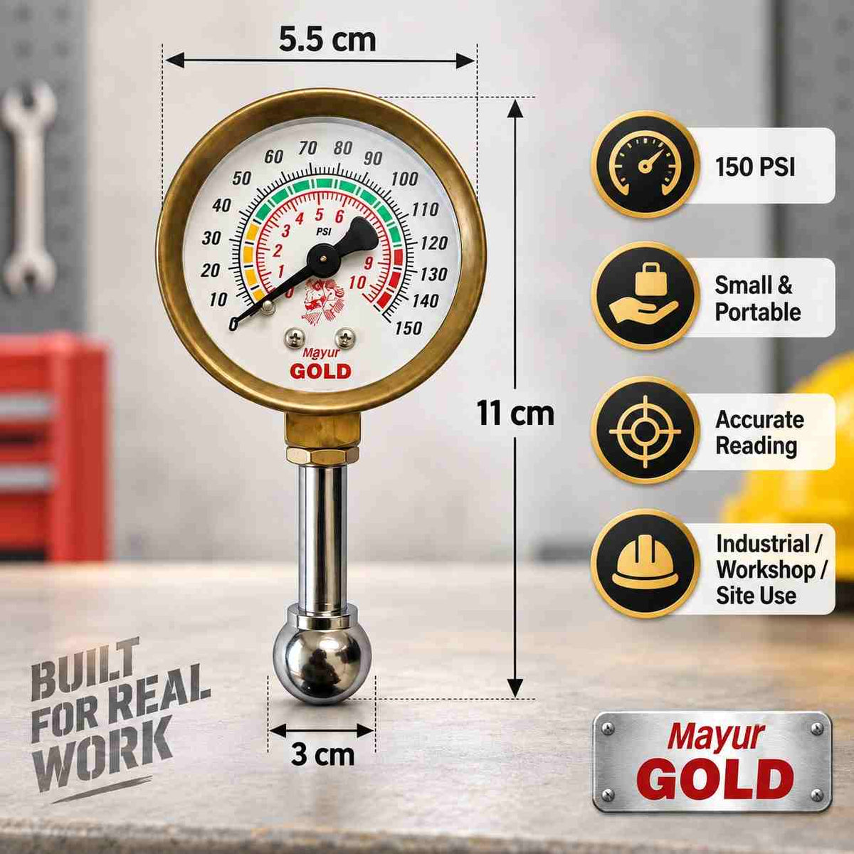 Mayur Air Pressure Gauge Small and Portable 150-PSI