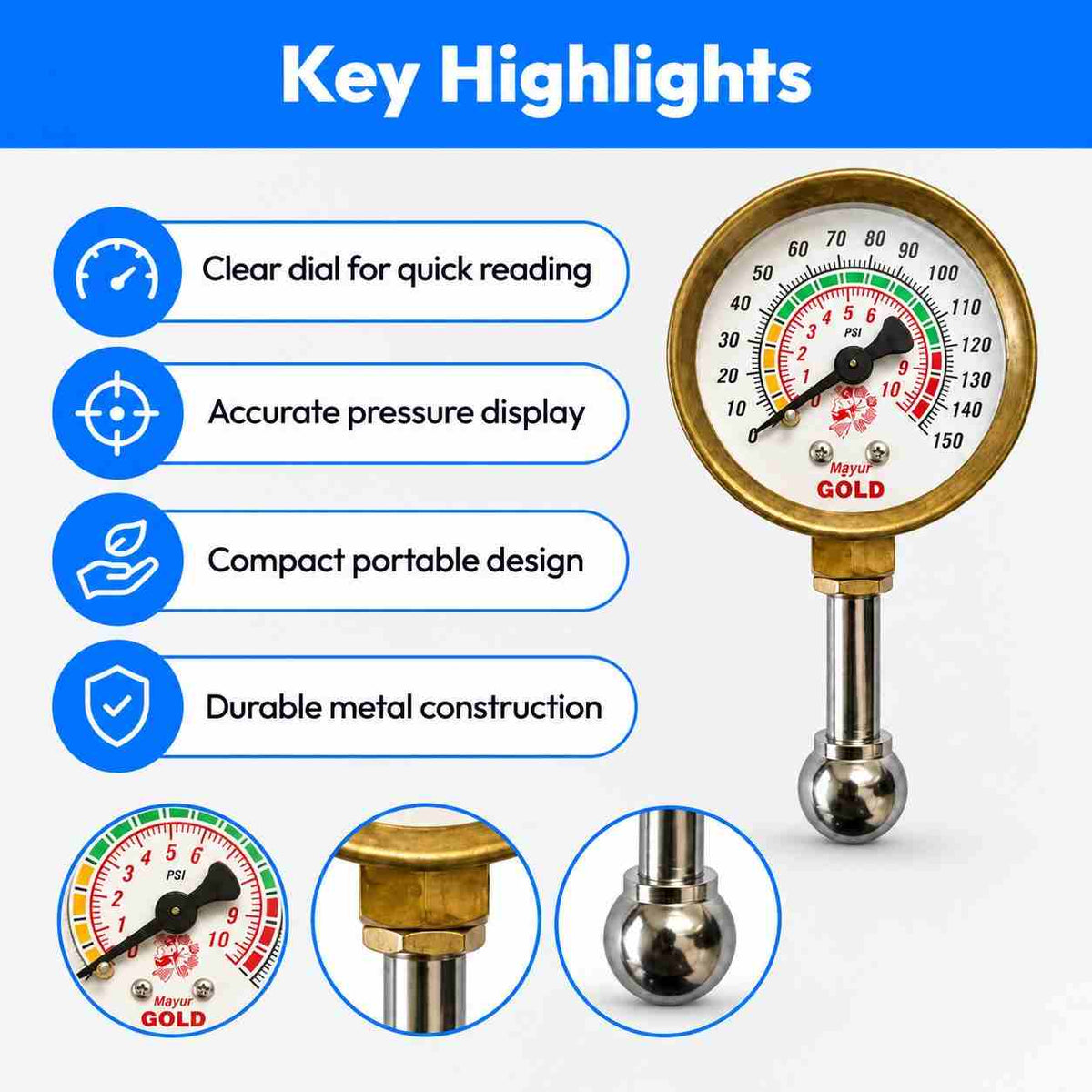 Mayur Air Pressure Gauge Small and Portable 150-PSI