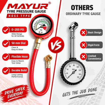 Mayur Tyre Pressure Gauge Hose Type 0-200 PSI Size: 50mm