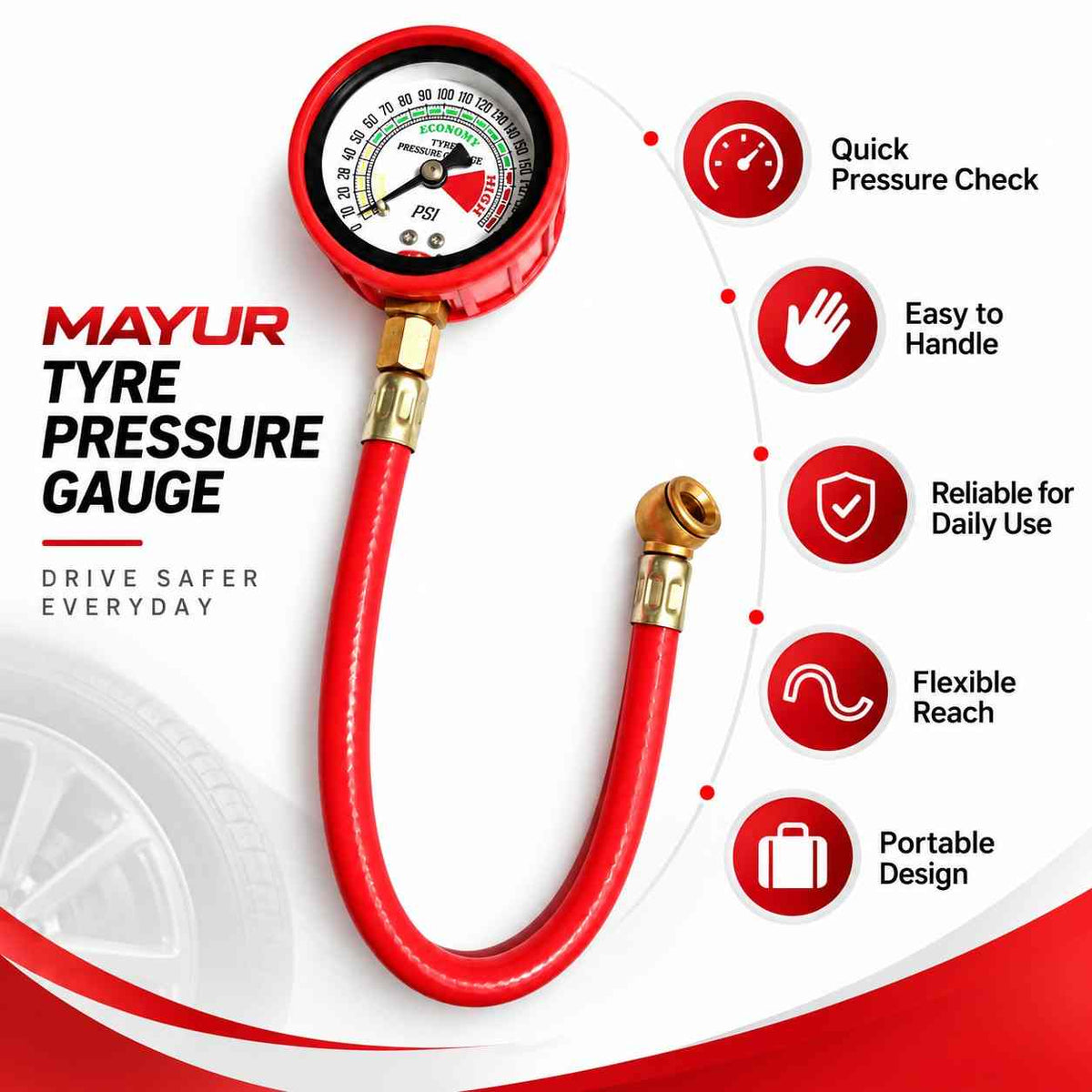 Mayur Tyre Pressure Gauge Hose Type 0-200 PSI Size: 50mm