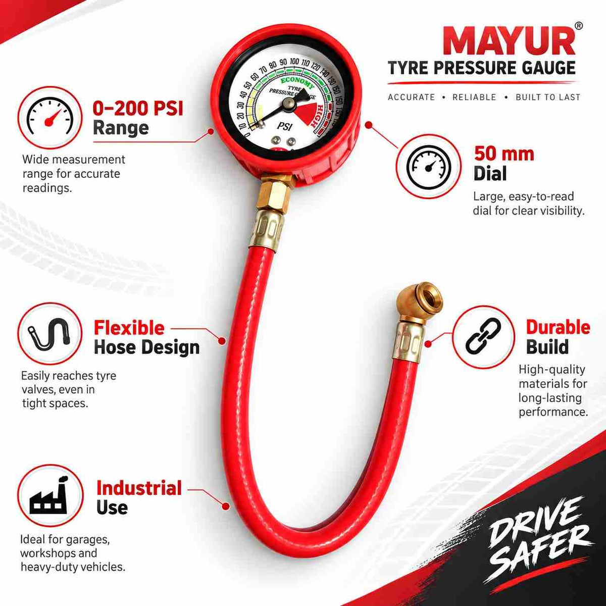 Mayur Tyre Pressure Gauge Hose Type 0-200 PSI Size: 50mm