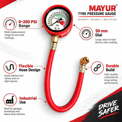 Mayur Tyre Pressure Gauge Hose Type 0-200 PSI Size: 50mm