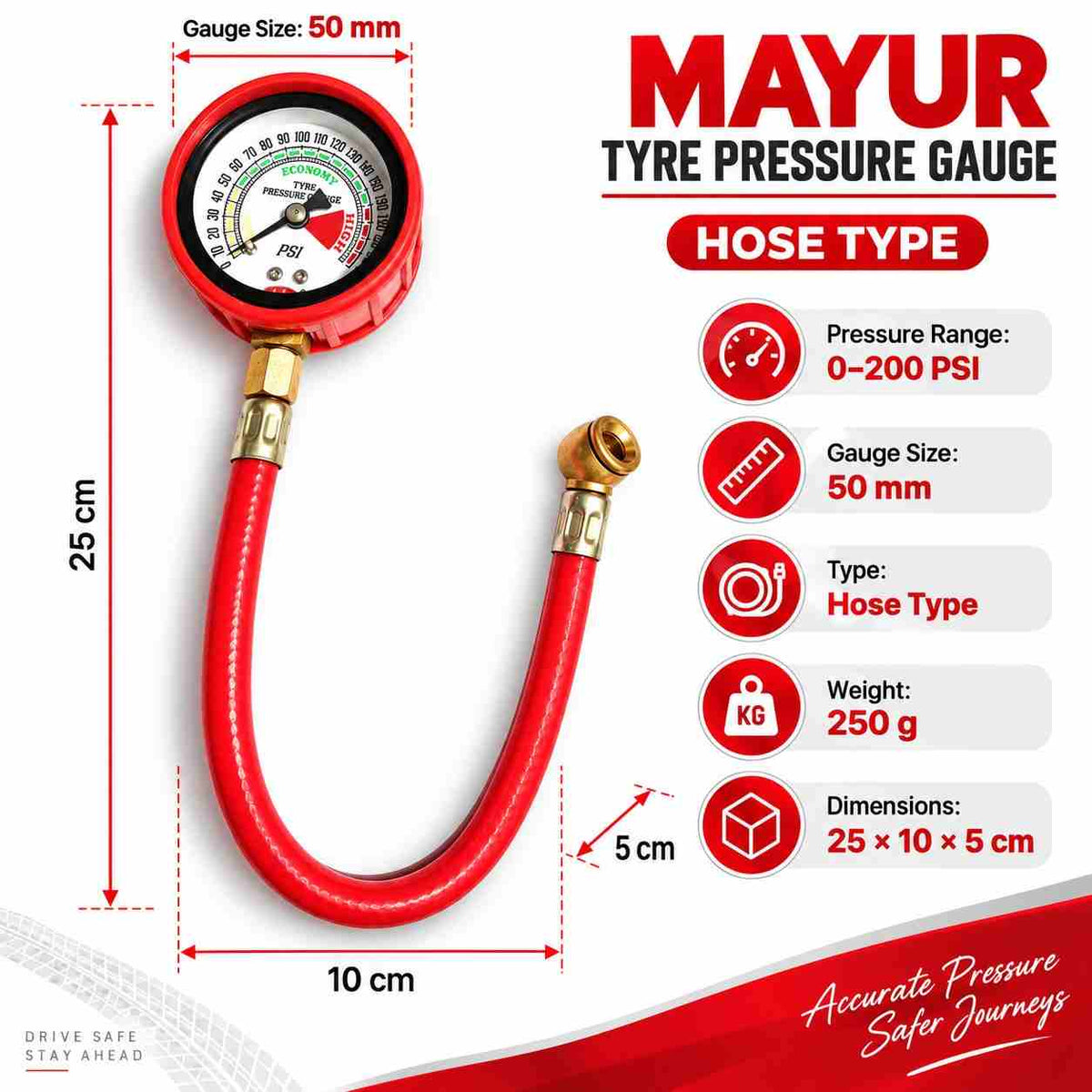 Mayur Tyre Pressure Gauge Hose Type 0-200 PSI Size: 50mm