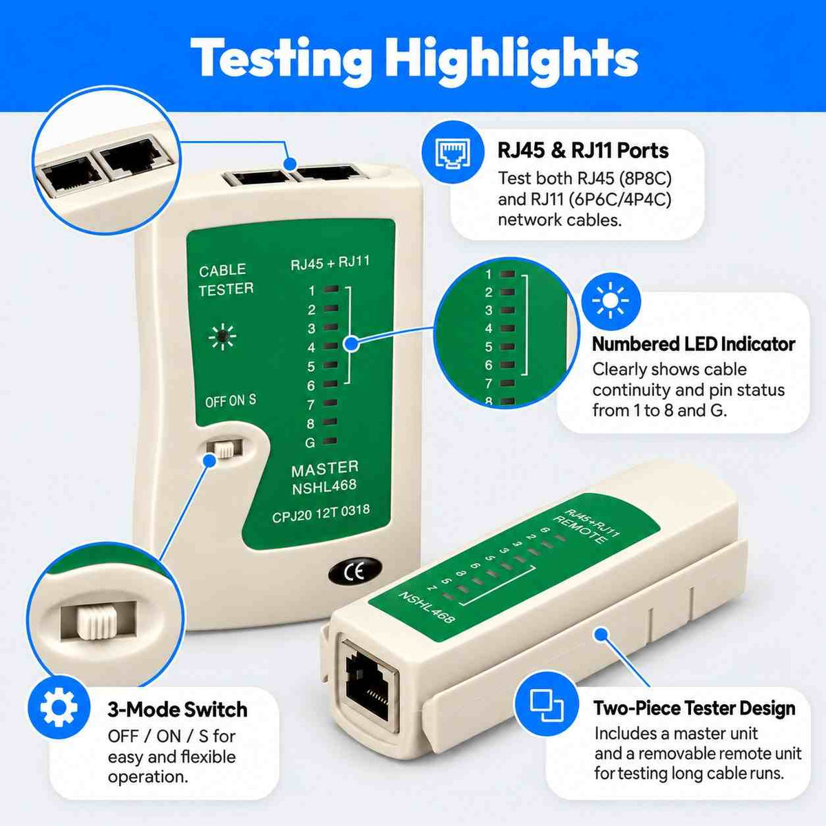 Network Cable Tester Lan & Cable Tester RJ45 & RJ11