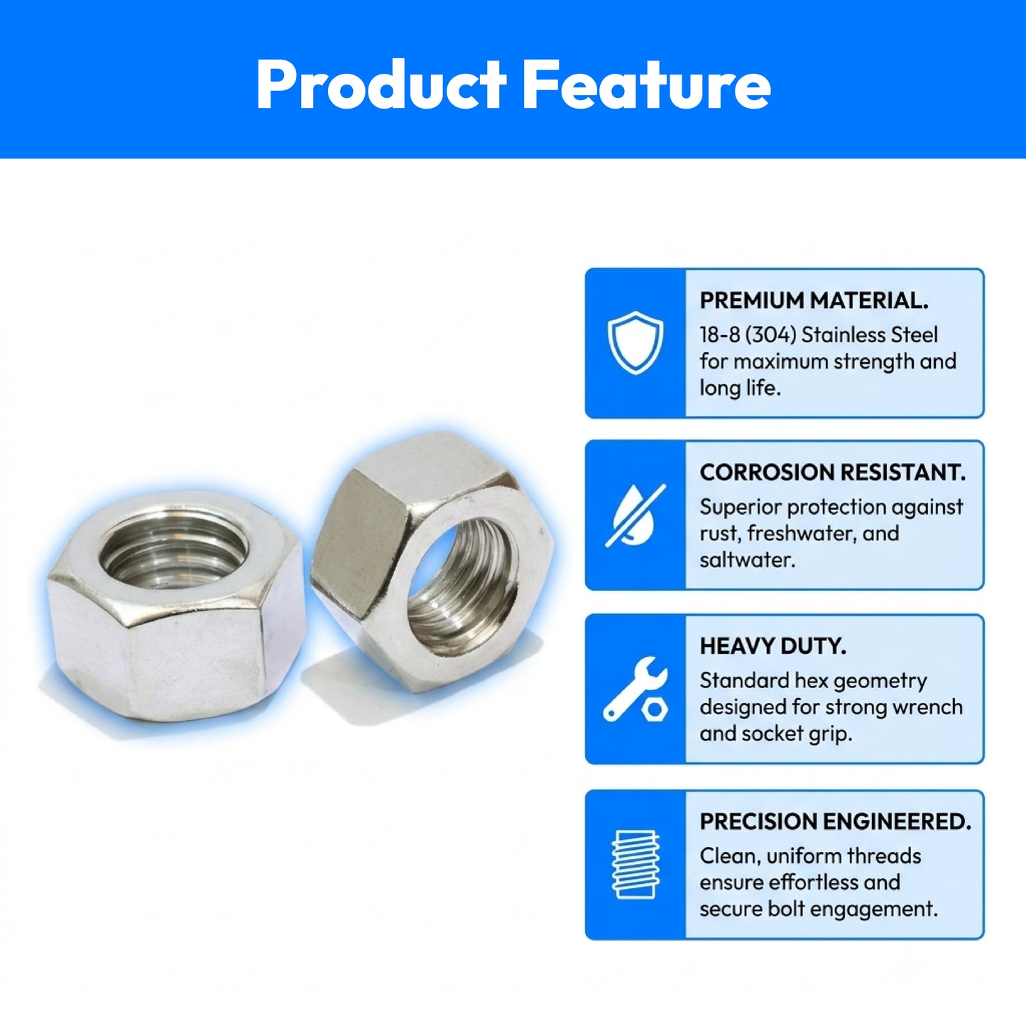 Stainless Hex Nut Bolt Dropper, 304 18-8 Stainless Steel Nuts1/2"x13-100 Pack