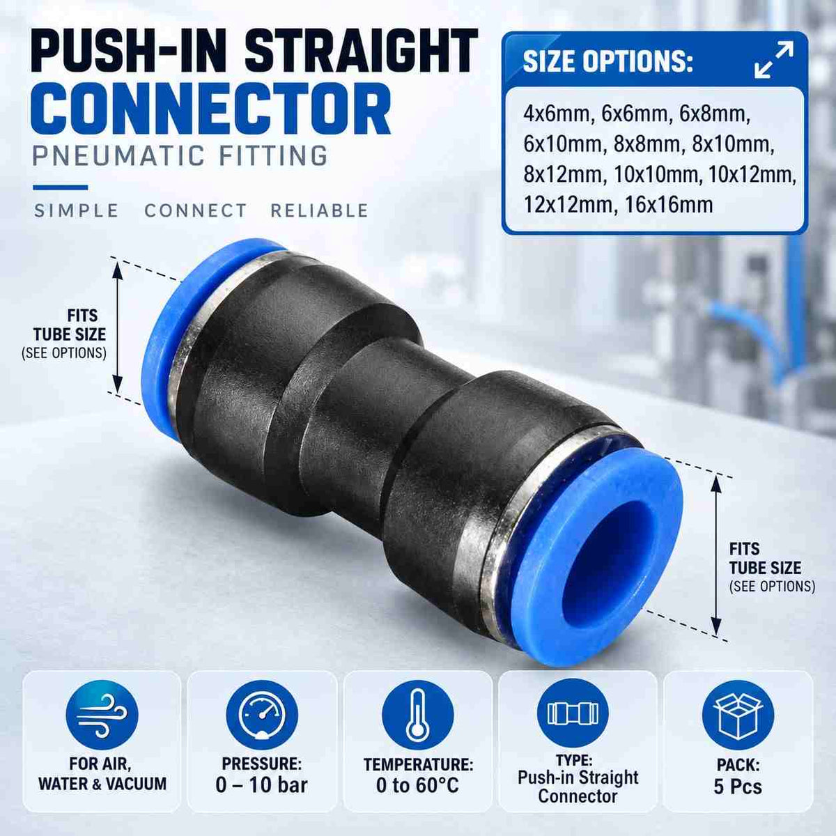 Implemental Pneumatic Fitting Jointer Connector for Air Water Tube-Pack of 5Pcs - 1