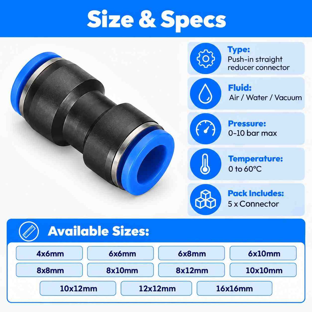 Pneumatic Fitting Jointer Connector for Air Water Tube-Pack of 5Pcs